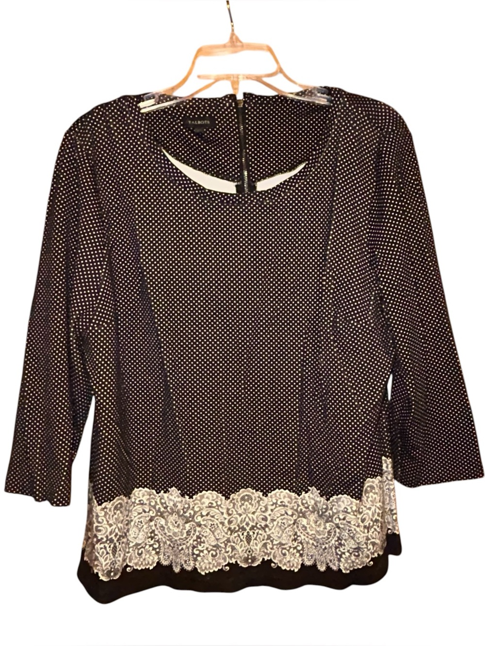 Talbots Polka Dot Blouse Lace Hem‎ XL Black White 3/4 Sleeve Rayon Stretch Top